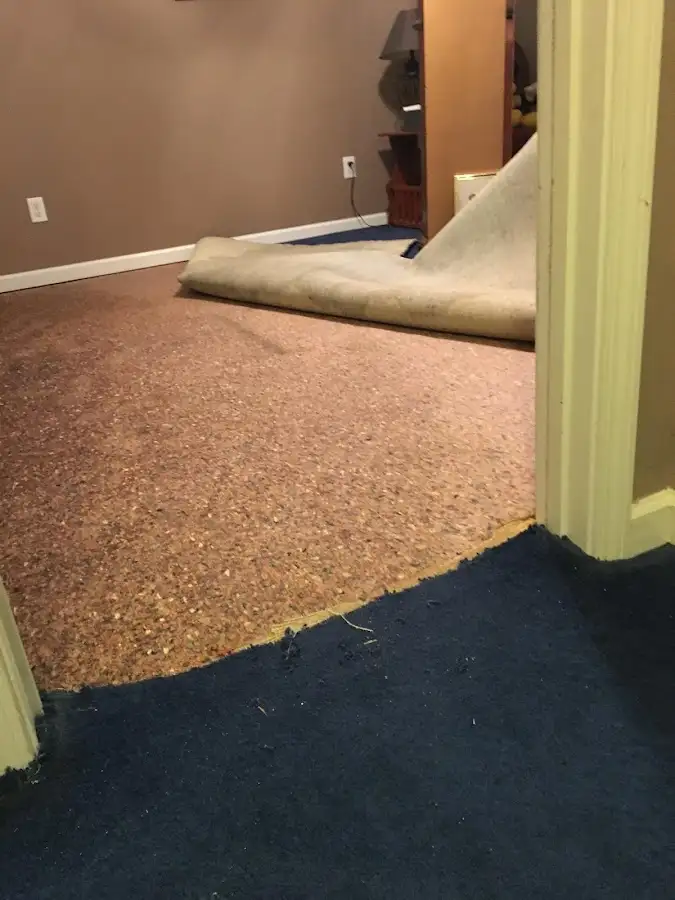 Carpet pad removal revealing water damage during Water Mitigation Services in Helena Valley Southeast